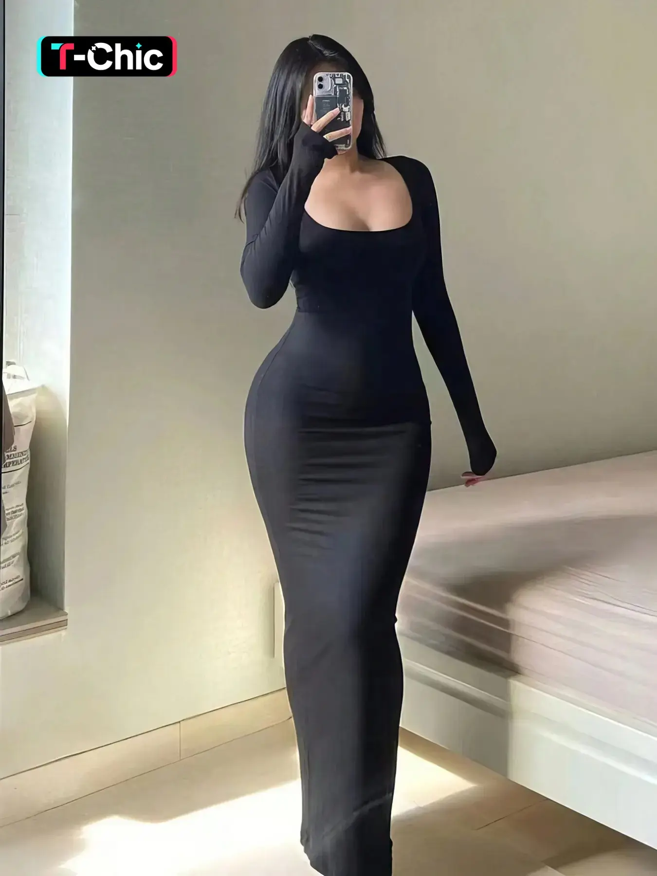 Women's Solid Color Tight Sleeve Bodycon Fit Dress, Casual Scoop Neck Long Dress for Spring & Fall, Women's Clothing for Daily Wear