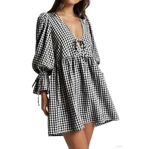 Women's Gingham Puff Sleeve Tie Front Babydoll Mini Dress Casual Light