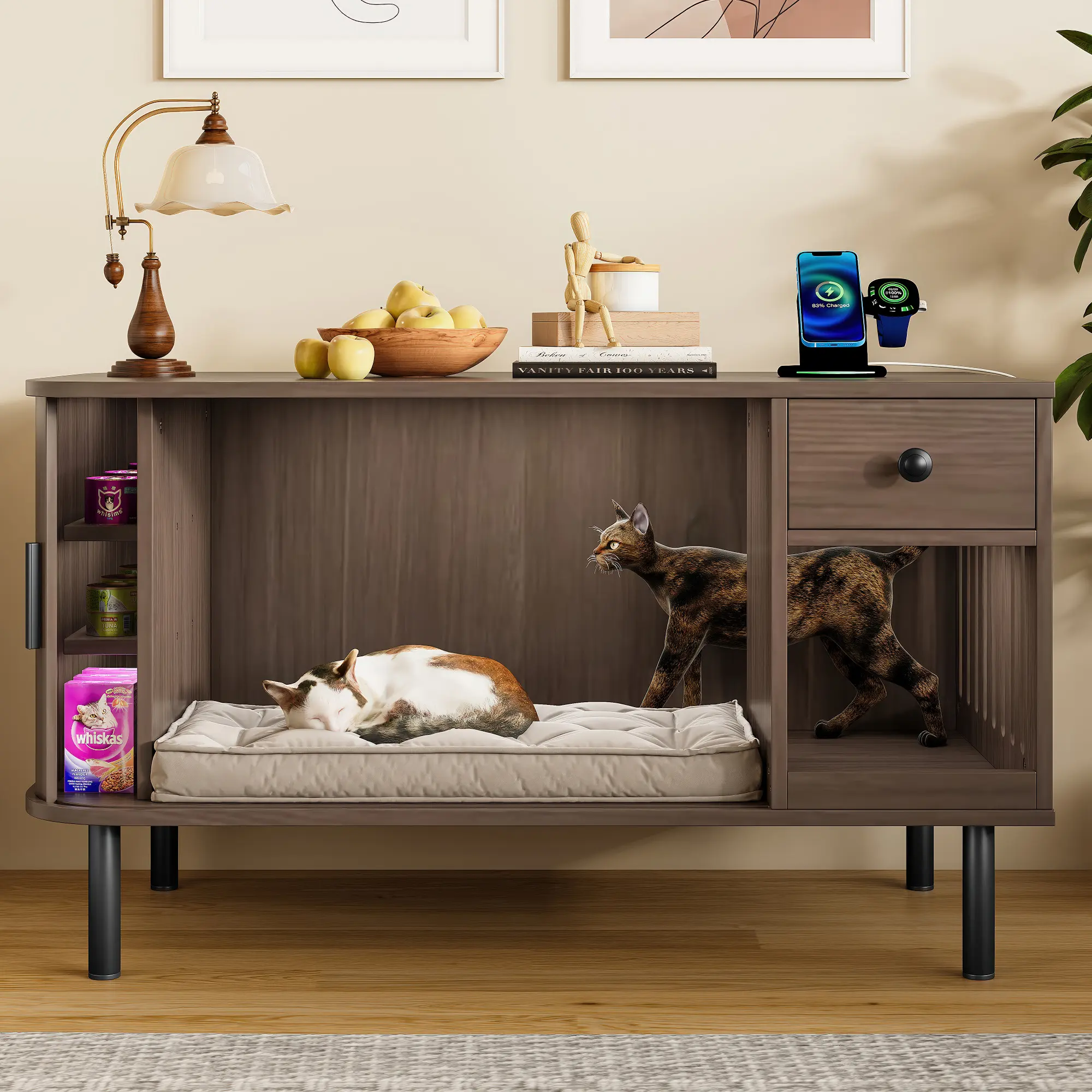 37.4" Walnut Enclosed Litter Box Furniture - Trackless Tambour Sliding Door, Storage Drawer, Charging Station, Wide Tabletop, Side Shelves, Side Table, Nightstand for Indoor Cats