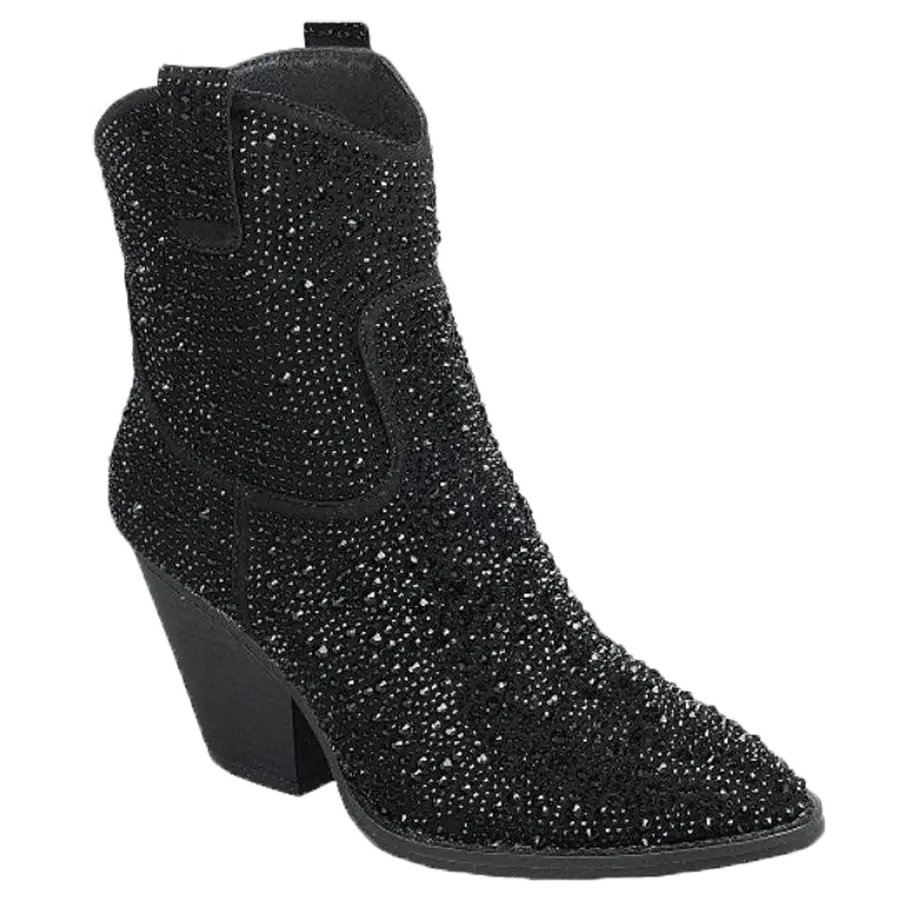 River-01 Women's Rhinestone-Embellished Ankle-High Booties with Slip-On Design and 3-Inch Cuban Heels - Pointed Toe - Walking Shoes, Footwear