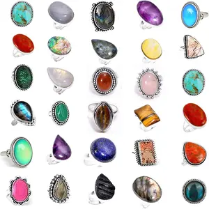 Handmade 10 Pcs Gemstone Ring Set Vintage Crystal Silver Statement Rings for Women Boho Gothic Jewelry Bulk Set Gifts for Women