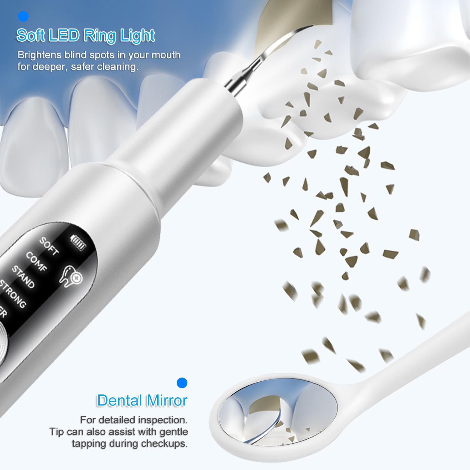 Electric Teeth Cleaner – Ultrasonic Dental Plaque Remover with 5 Cleaning Modes, Smart Detection, Long Battery, Waterproof, Dental Picks & Mirror for Home Oral Care