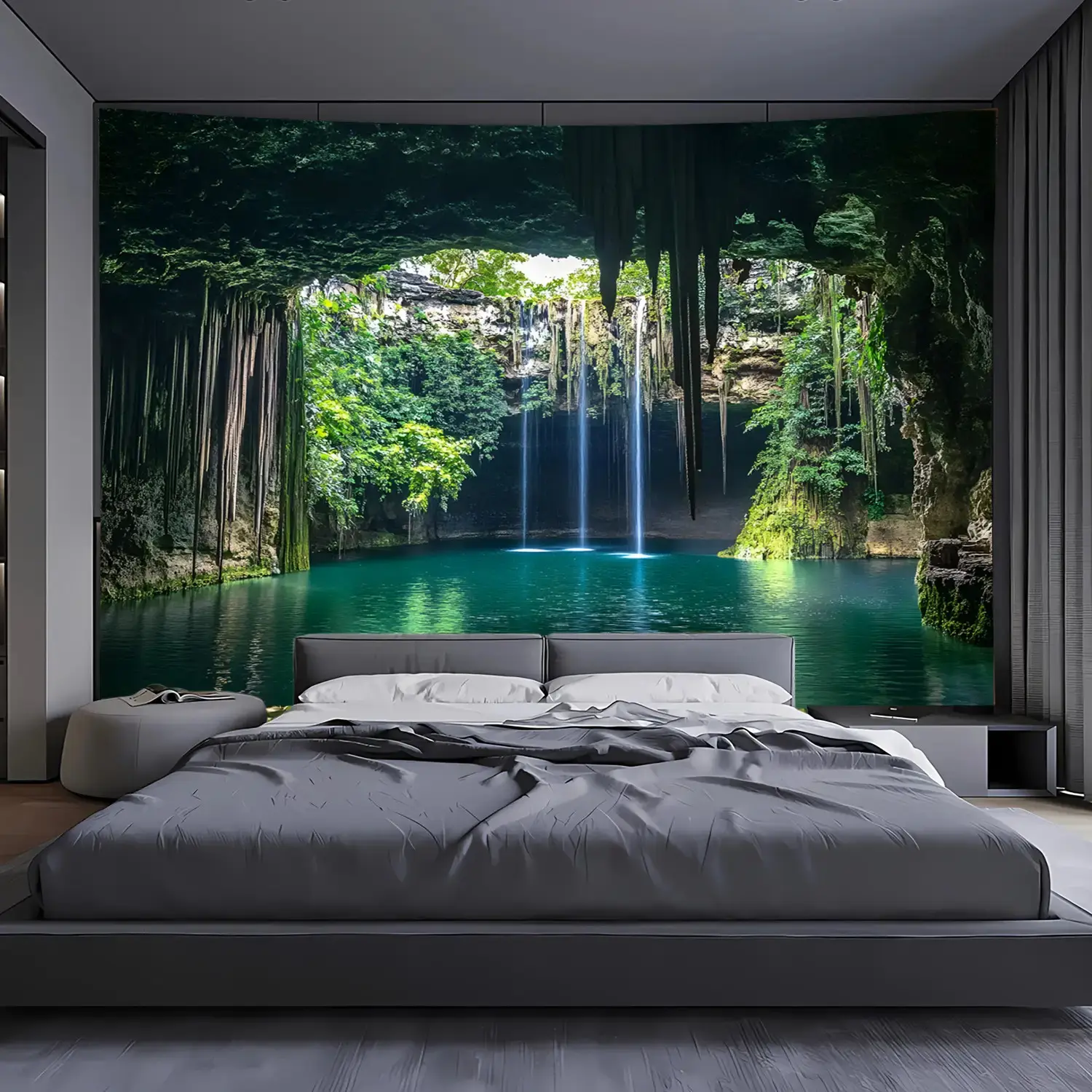 Large Horizontal Magic Forest Scene Tapestry Wall Hanging - 100% Synthetic Polyester (Polyester Fits), Turquoise & Emerald Green Waterfalls, Lush Greenery Self-Adhesive Mural with Mounting Accessories for Indoor Bedroom Green Wall Decor & Room Art, Plants