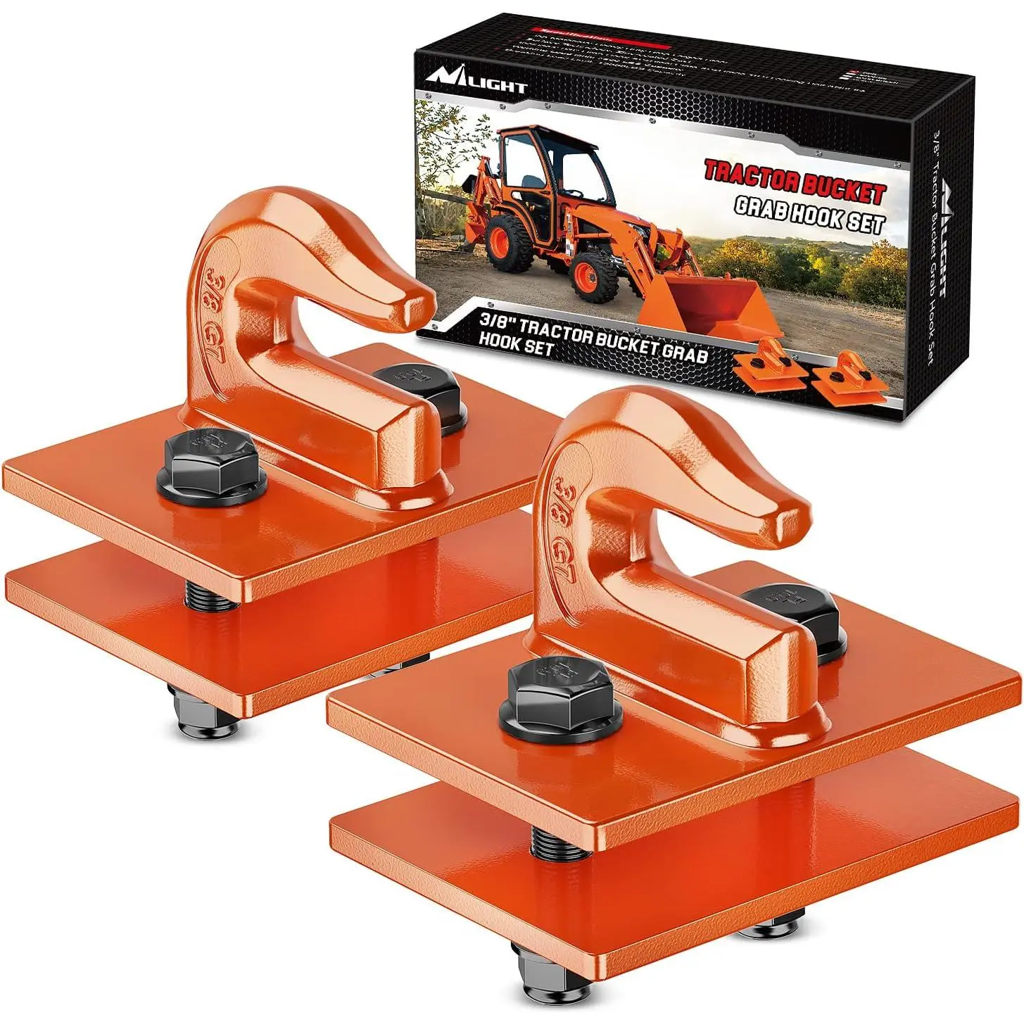 Nilight 2PCS 3/8-in Rustproof Zinc-Coated Solid Metal Tow Hook Set, Heavy Duty Drop Forged Steel Bolt-On Tractor Bucket Attachment, 15000 LBS Max Load Orange Accessory for Lawn Mowers