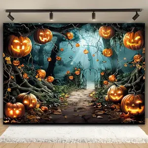 1pc Polyester Spooky Halloween Backdrop Banner - 2D Flat Design with 3D Ghosts, Pumpkins, Enchanted Town, Magic School, Dark Vintage Elements, cm Measurement, for Party Decor, Birthday Banners, Outdoor Photography