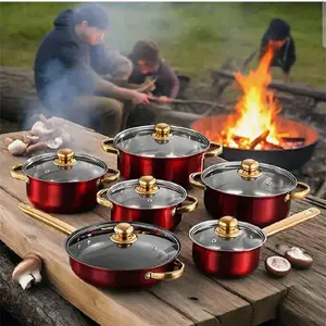 12 Piece Cookware Set Nonstick Pots and Pans Home Kitchen Cooking Non Stick Red with Glass Lids and Wooden Handles