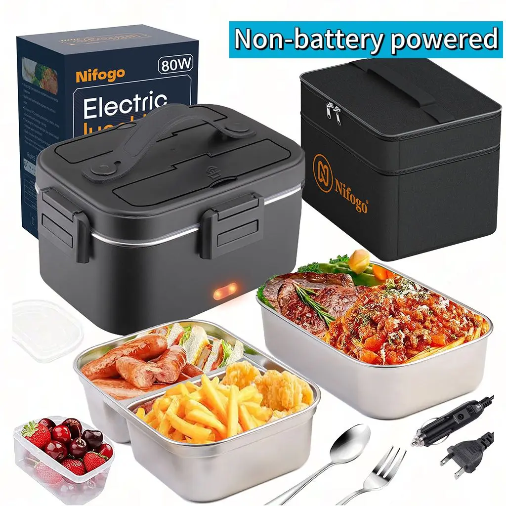Nifogo Stylish Electric Thermal Box for Adults - 80W High Power, 1.8L Food Grade Compact Steel Lunch Boxes, Portable Heated with Display Screen, Multi-Voltage 12V/24V/110V, Square Black Leak-Proof Kitchenware for Lunch at Work, Car, Tableware, 1,000-2,000