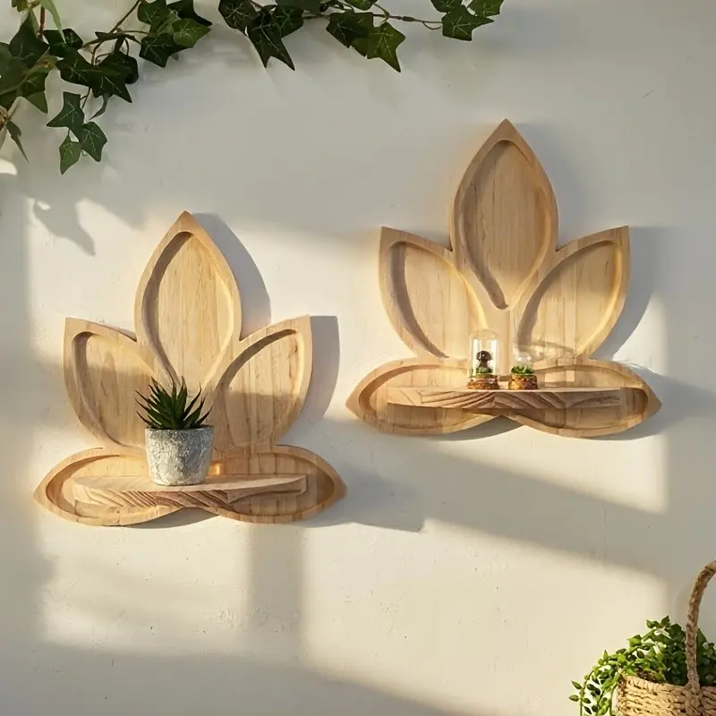 Wooden Lotus Wall Shelf - 1/2 - Bohemian Zen Floating Shelf with Curved Leaf Design - Minimalist Wall-Mounted Storage Rack, Space-Saving Decorative Storage Shelf, Shelfs For Wall, Suitable for Living Room, Bedroom, Easy to Install