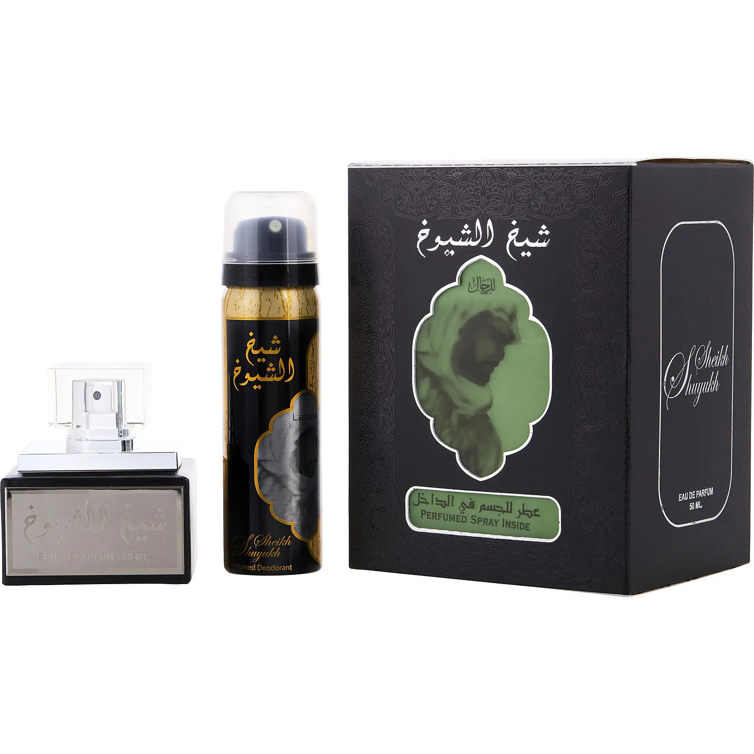 Lattafa Sheikh Al Shuyukh Set-Eau De Parfum Spray 1.7 Oz & Deodorant Spray 1.7 Oz (Black Edition) For Unisex