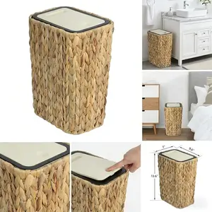 Boho Rattan Trash Can with Lid, 2.6 Gallon Small Press Top Garbage Can, 2 in 1 Woven Wastebasket & Hamper for Bathroom, Kitchen, Living Room, Bedroom