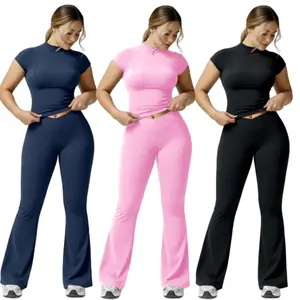 Women's Yoga Workout Set - Short Sleeve Navel Top & High Waist Flare Leggings, Tummy Control, Butt Lifting, Stretchy Material, Perfect for Yoga, Gym, Fitness