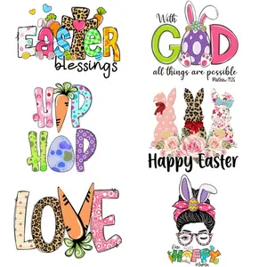 6-piece multicolor vinyl Easter heat transfer stickers, DIY washable iron-on patches for T-shirts, festival decoration, with designs of "Blessings", "Hop", and "Love", DIY Material.