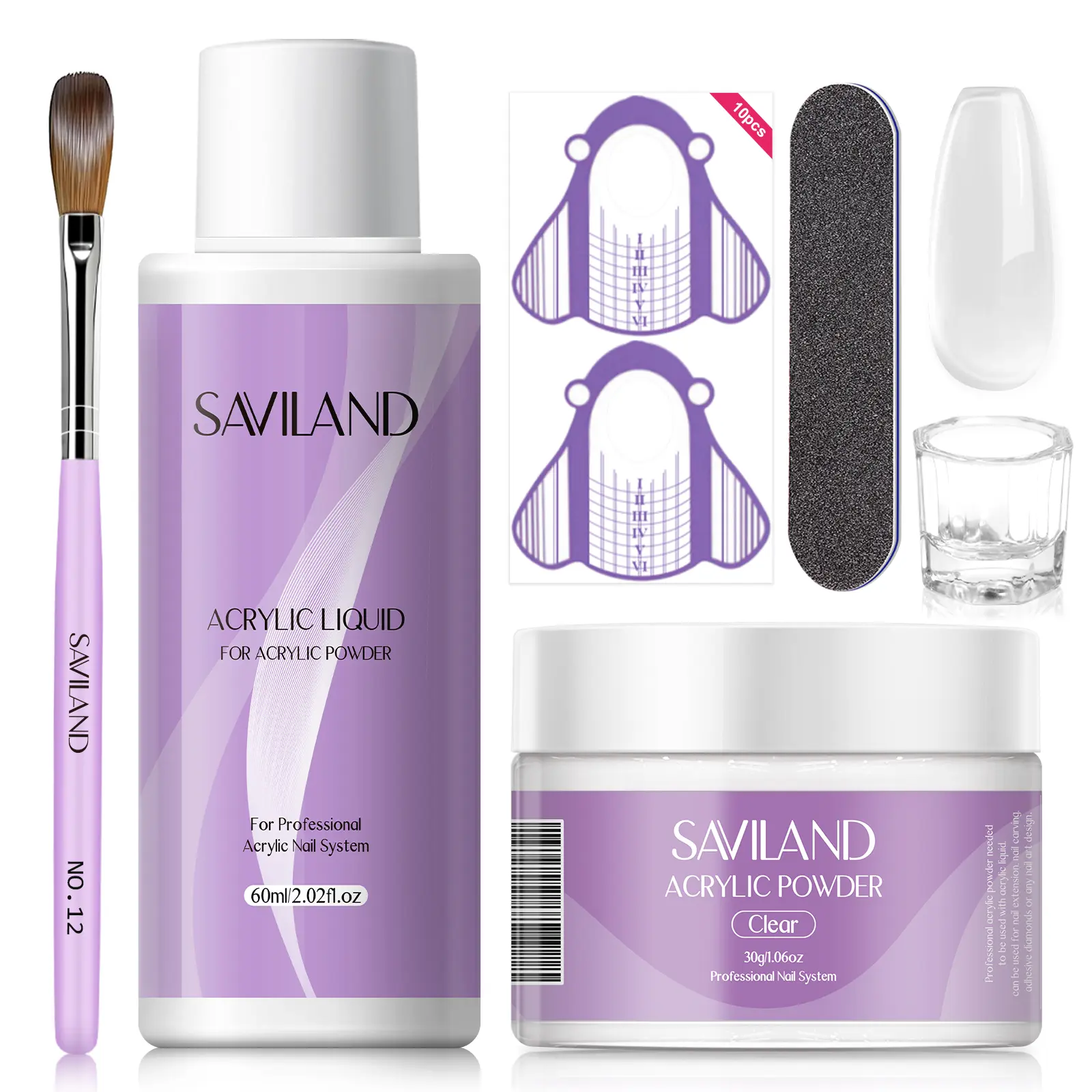 Saviland 30g Clear Acrylic Powder & 60ml Acrylic Liquid Set with Nail Brush Nail Forms Tools for Beginners DIY Acrylic Nails Manicure Nail Care