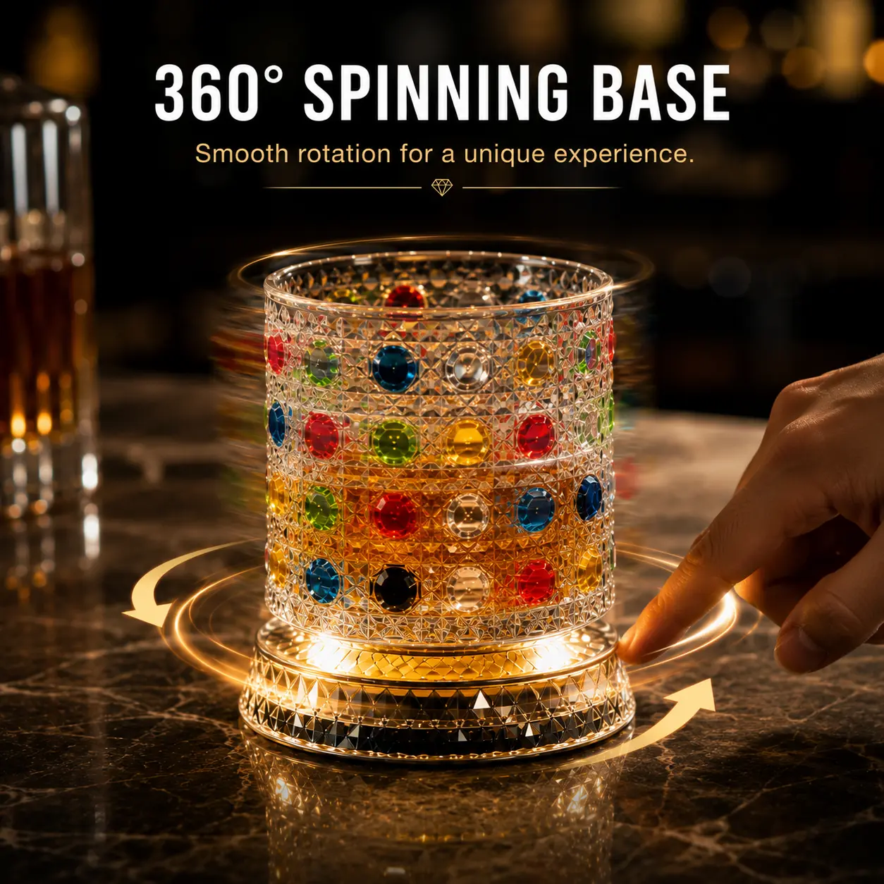 360Rotation Without Falling Minimal Luxury Crystal Tumbler with Smooth Spin Design, Hand-Painted Embossed Rotating Whiskey Glass