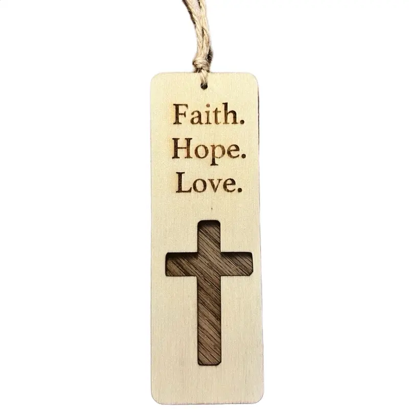 BWC Wooden Bookmark with “Faith. Hope. Love” and Cross cutout Design for Reading and Bible Study Natural Wood Book Marker with Rope Handle