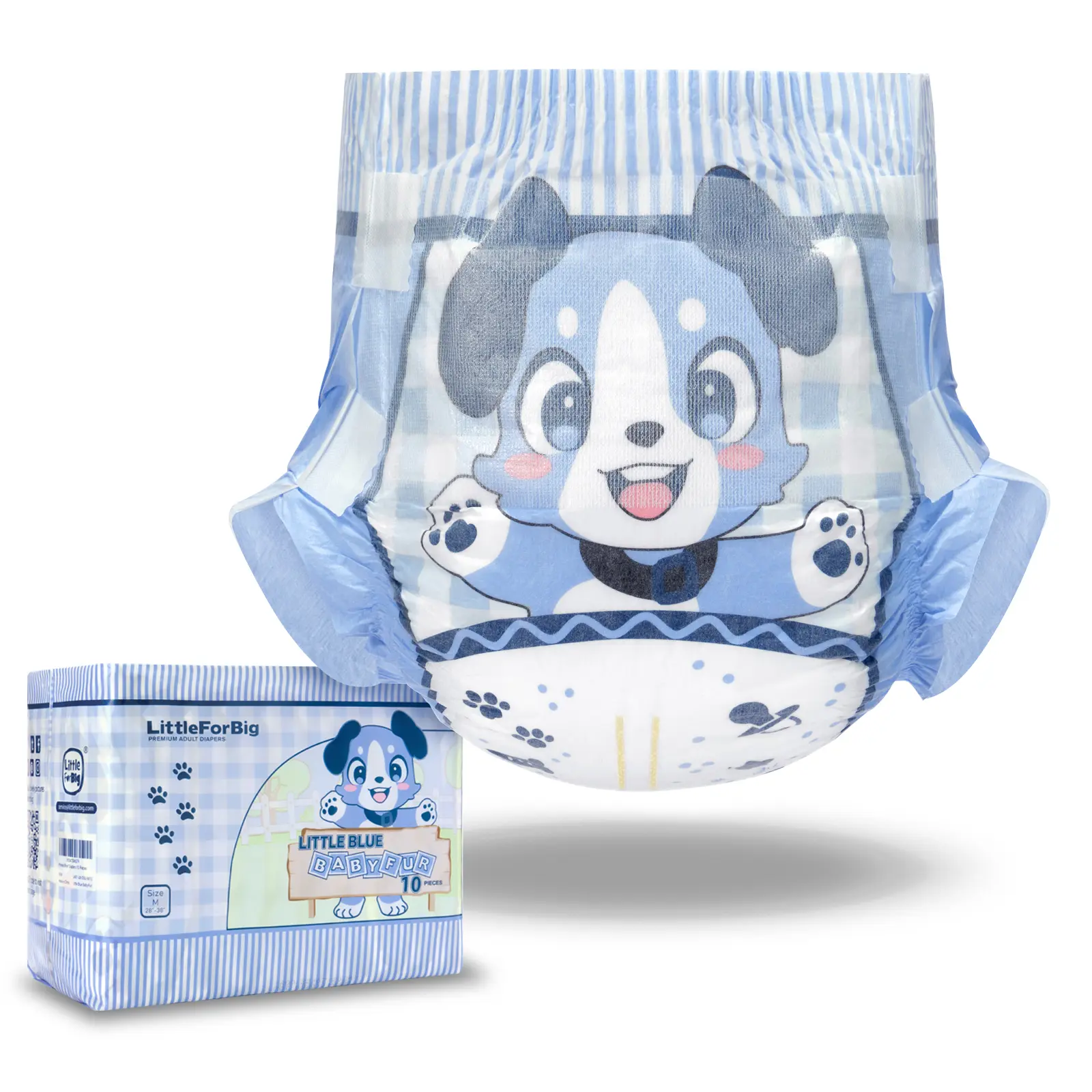 Adult Adjustable Hook & Loop Fasteners, Little Blue BabyFur Design for Printed Cloth Back Garments, Secure Fit, 10-Piece Pack, M (28"-38")/L (36"-48")/XL (48"-56"), Diapers, Littleforbig, Adults, Disposable Adult Diapers