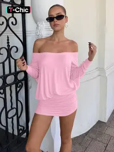 Women's Solid Off Shoulder Sheer Dress, Fashion Casual Long Sleeve Dress for Party Club Dating Wear, Women Dress for Spring Fall
