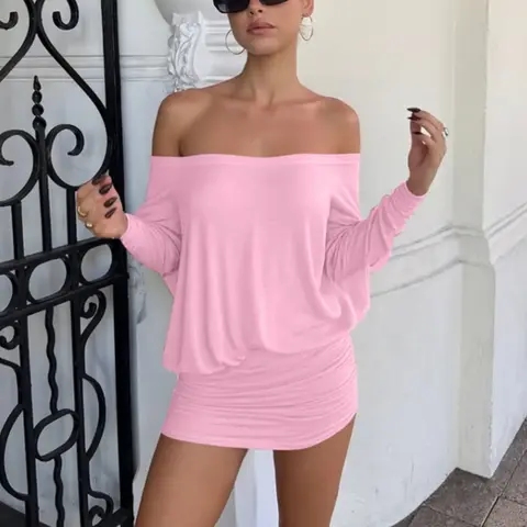 Women's Solid Off Shoulder Sheer Dress for Spring & Fall, Casual Minimalist Long Sleeve Dress for Party, Club and Dating Wear