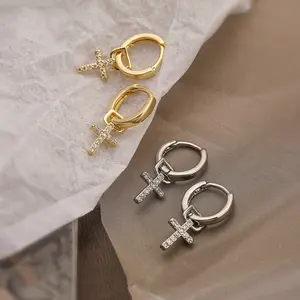 Women's Unique Gold-Plated Copper Cross Dangle Earrings - Zircon Inlay, Stylish Earrings for Sports & Outdoor Accessory Use