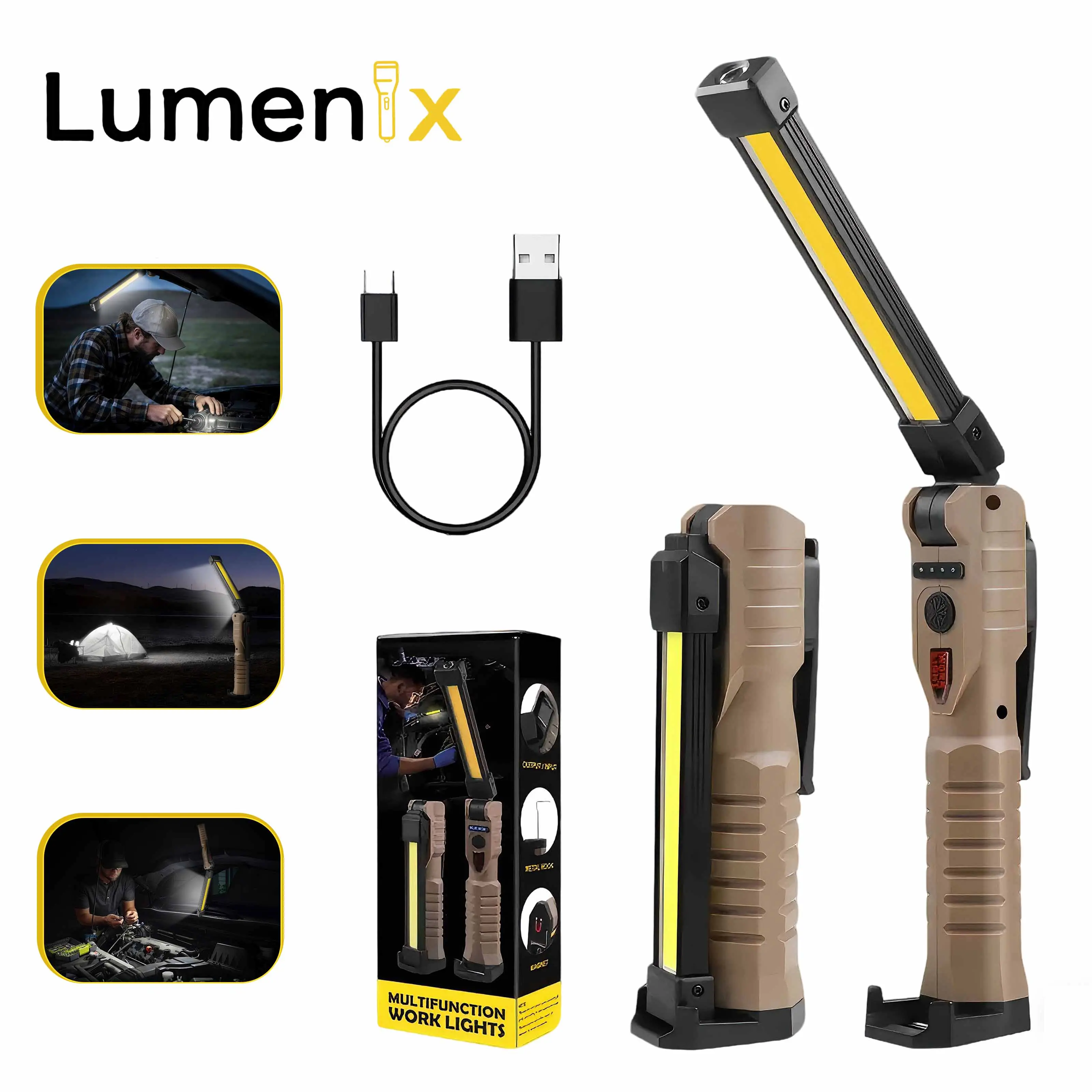 Rechargeable Flashlights, LED Work Lights with Magnetic Base & Hanging Hook, 180°Rotate, 5 Modes, Work Light Mechanic Flashlight, khaki tiktokshopsummersale outdoorfun