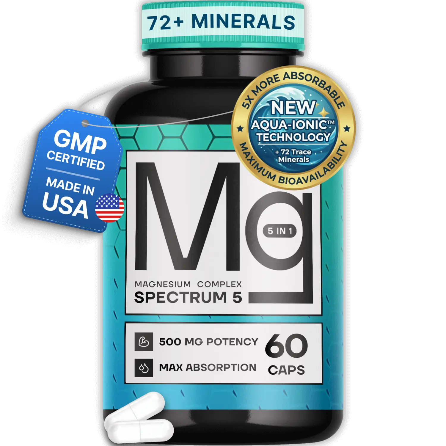 Spectrum 5 Magnesium | 5-in-1 Magnesium Complex + 72 Trace Minerals for Enhanced Absorption | 500mg of Magnesium per Serving | Made in USA | GMP Certified & 3rd Party Tested