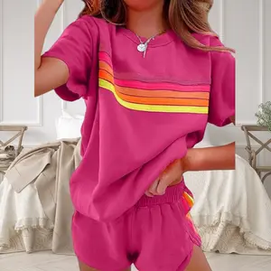 Rainbow Stripe Women's Set | Casual Short Sleeve and Shorts | Home and Outing Wear | Rainbow Stripe Women's Casual Set