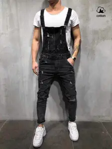 Men's Vintage Classic Denim Overalls, Fitted Blue Jumpsuit, Casual Versatile Distressed Design, Perfect for Urban Style, Parties, Streetwear, Menswear Natural