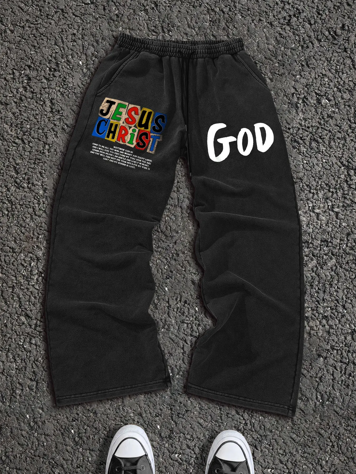 Men's Washed Cotton Knit Long Elastic Pants with Jesus Print, Casual Fashion Joggers for Daily Wear, Comfortable and Stylish Men's Clothing