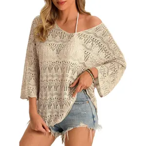 Saodimallsu Women's Rayon Crochet Cover Up Top - 3/4 Sleeves, V-Neck, Boho Knit, Multi-Size Beachwear, 2026 Resort Wear, Hand Wash Compatible,summervibes