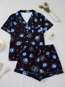 Women's Two-Piece Pajama Set, Casual Comfortable Fitted Lapel Pocket Shirt Short Sleeve + Elastic Waist Shorts, All-Season Sleepwear