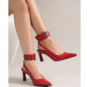 Trinee-14 Glamorous Studded Ankle Strap Heels for Women - Pointed Toe, 3-inch Heel, Classic Black/Gold/Pewter/Red, All Seasons Footwear