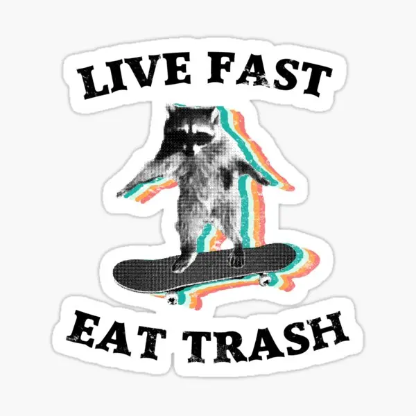 Live Fast Eat Trash Raccoon Skateboard Sticker with Rainbow Design for Fun and Unique Decor sticker size 3 inches