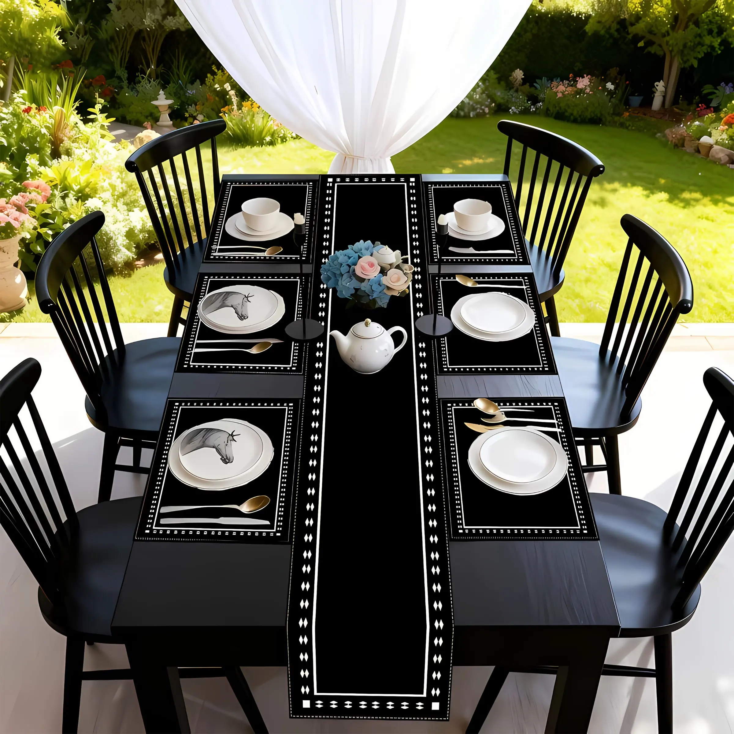 2D flat printing, Printed, 1/4/6/8/5/7 pieces set of table flags and placemats, Household placemat, Aesthetic black and white geometric line grid, suitable for daily use in home dining table decoration, indoor and outdoor gatherings and parties
