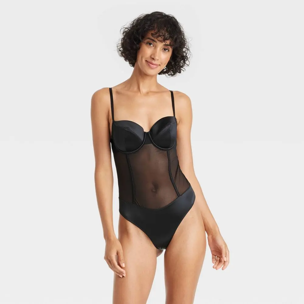 Women's Satin and Mesh Lightly Lined Lingerie Bodysuit - Auden Black S: Nylon Spandex Knit Back Hook Fastener