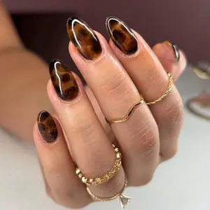 TQ24 Glossy Tortoise Shell Press On Nails, Brown Marble Pattern Almond Shape, Stylish Natural Look For Daily Wear and Easy Chic Styling, Gift For Her