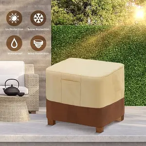 Square Patio Chair Cover Waterproof Heavy Duty Outdoor Ottoman Cover with Padded Handles 26x26x17 Inch Patio Side Table Lawn Furniture Covers, Beige & Brown
