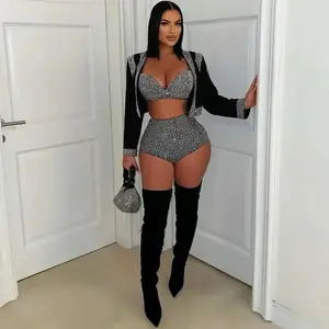 two-piece set woman Sparkly 3 Piece Short Sets Woman Outfits Luxury Birthday Cropped Jacket Top and Bra and Shorts Matching Sets Clothes Light