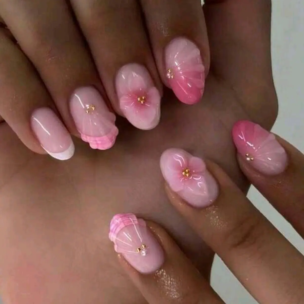 Pink Sakura Almond Decorative Press-On Nails Kit, 24PCS Reusable Glossy Short-Medium Flower Fake Nails for Girly Style, Date Night Wear, Decorative Nails
