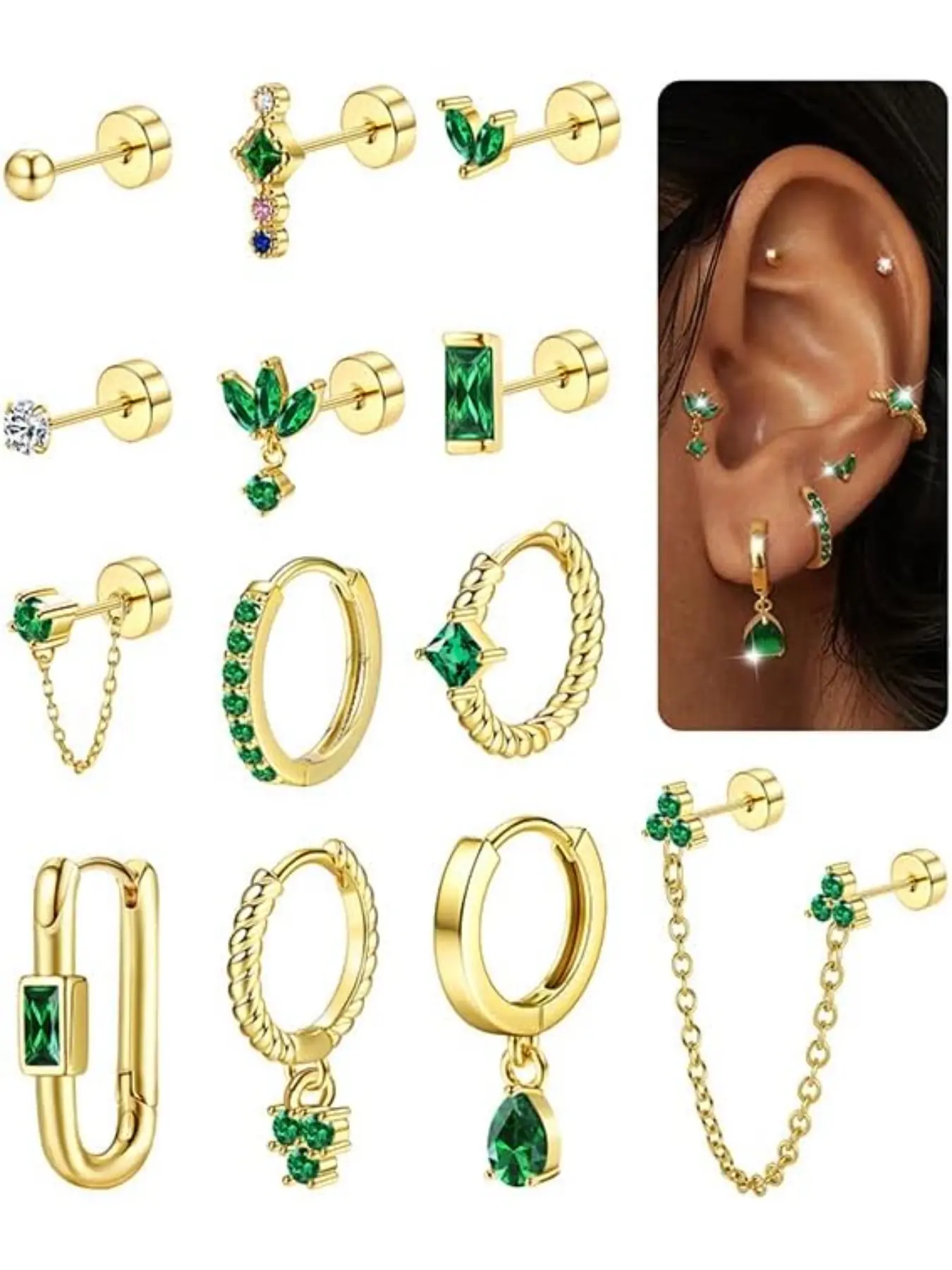 13Pcs Gold Earrings Set Earrings Jewelry for Multiple Piercings Women Flat Back 14K Gold Plated Silver Cartilage Helix Small Stud Hoop Stainless Steel Huggie Green CZ Earrings Loop Earrings Hoop Shape Earrings Earring Stacking Set