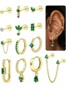 13Pcs Gold Earrings Set Earrings Jewelry for Multiple Piercings Women Flat Back 14K Gold Plated Silver Cartilage Helix Small Stud Hoop Stainless Steel Huggie Green CZ Earrings