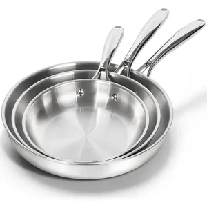 18/10 Stainless Steel Frying Pan Set, 8inch / 9.5inch / 11inch Cooking Pans, Three-Layer Bottom Stainless Steel Pan Set, with Ergonomic Handle, Compatible with Induction Cookers