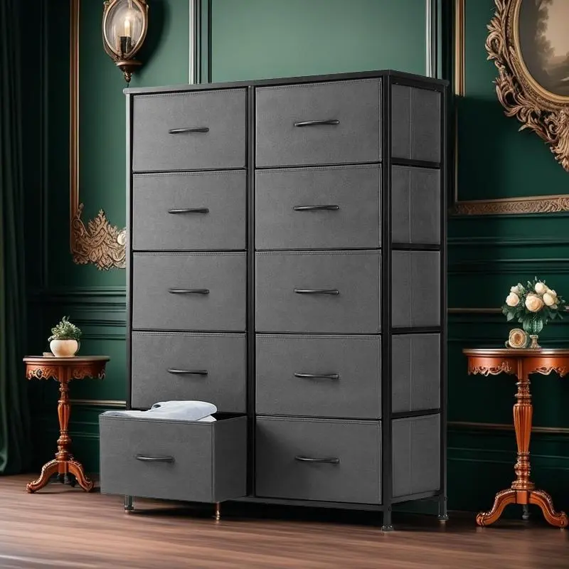 Tall Fabric Dresser for Bedroom with 10 Drawers, Storage Tower with Bins, Double Dresser, Chest of Drawers for Closet, Living Room, Hallway, Charcoal Black Wood Grain Print Cloth Dresser with 10Drawers - Fabric Dresser for Closet, Chester Drawers for Bedr