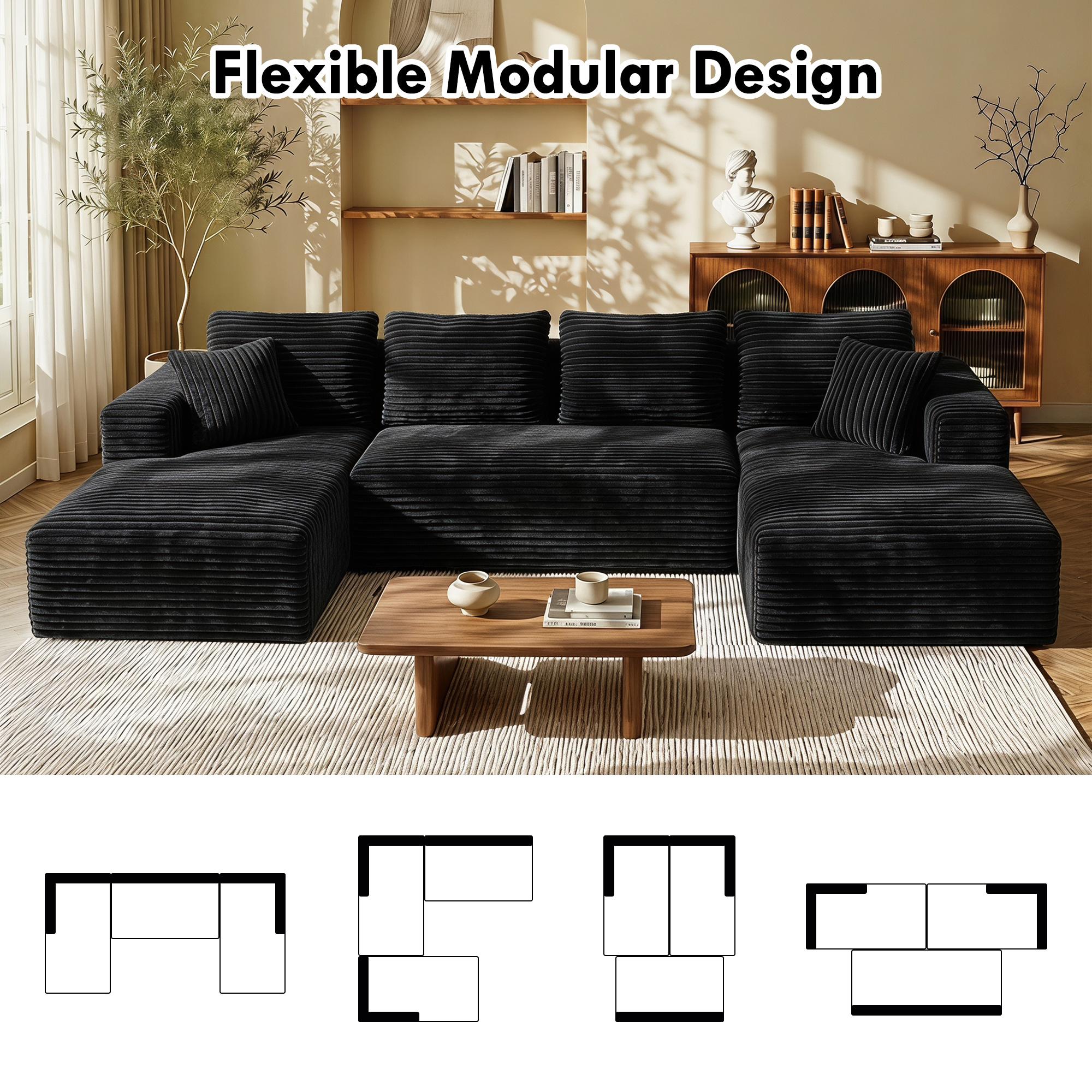 132-Inch Oversized Boneless Cloud U-Shaped Modular Sectional Sofa with Chaise, Modern Ruffled-Textured Couch, Deep Comfortable Seating, Tool-Free Assembly, 2-Separate-Package Shipment, Ideal for Living Rooms