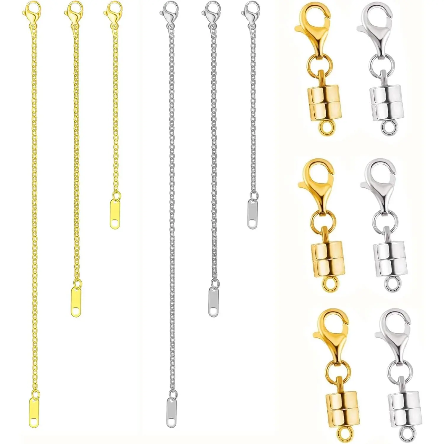 Adjustable Metal Jewelry Clasp Set - 6 Magnetic Clasps, Customizable Length, L Gold+Silver Necklace Extender, Chain Extension for DIY Beading & Jewelry Repair, Beads and Accessories, No Battery Needed