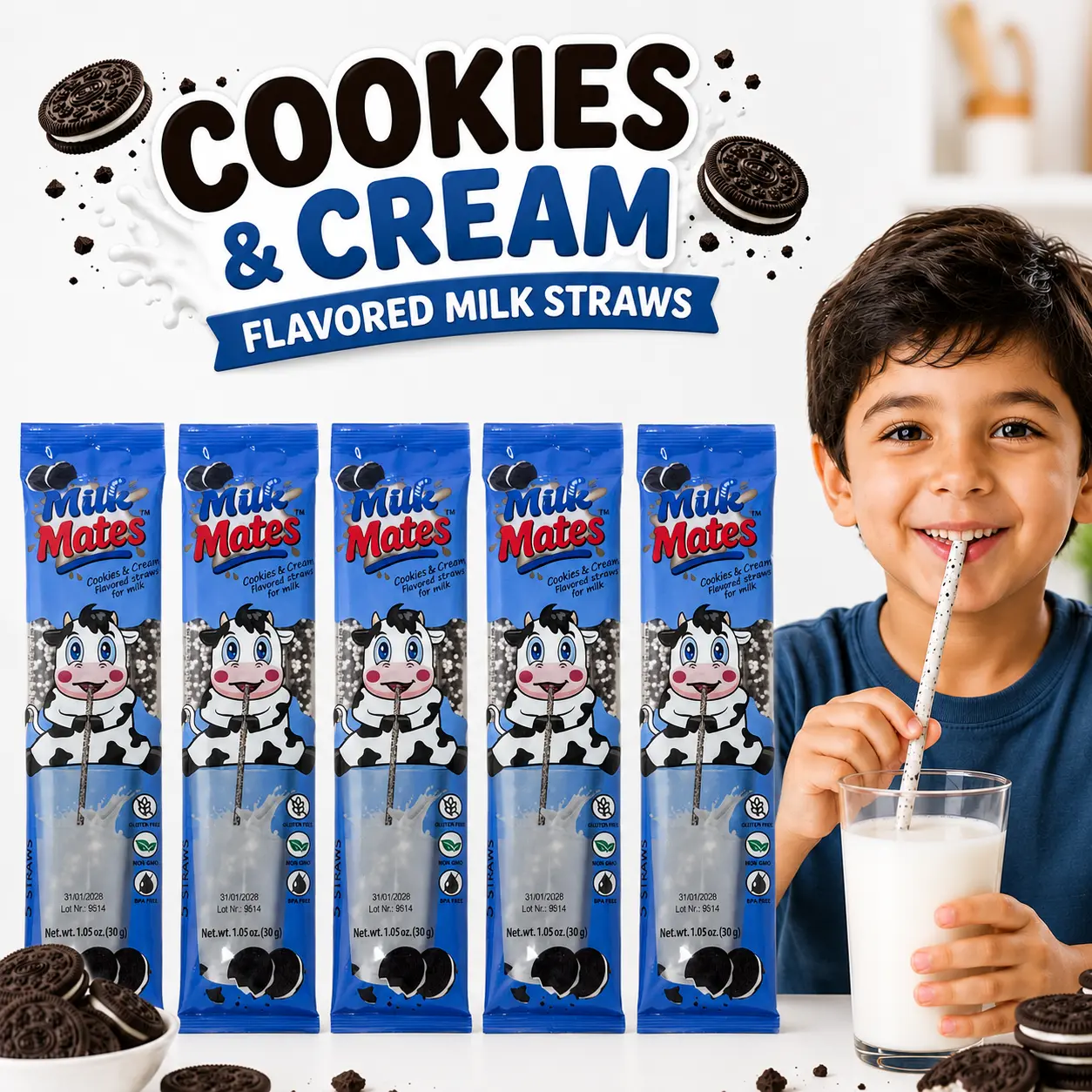 Cookies & Cream Milk Mild Flavor Straws for 7 oz Glass of Milk – 25 Straws Total (5 Packs, 5 Straws Each) Flavored Milk Enhancer for Kids & Adults, No Powder, No Mess, Perfect for 7 oz Glass of Milk, Fun & Easy Way to Enjoy Milk