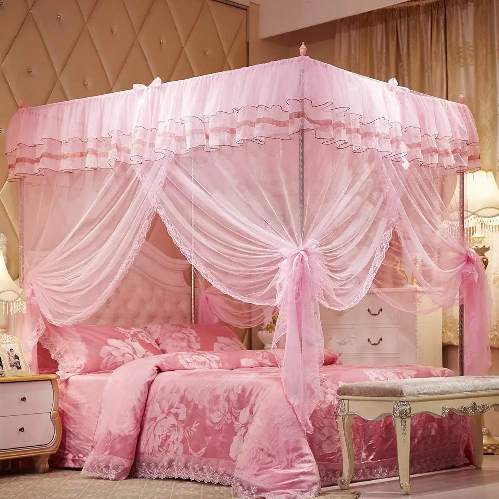 Pink Canopy Bed Curtain with Mesh Netting - 4-Opening, 45" W x 80" L Mosquito Net for Twin Beds - Cute Cozy Drape for Girls - Princess Bedroom Home Decoration