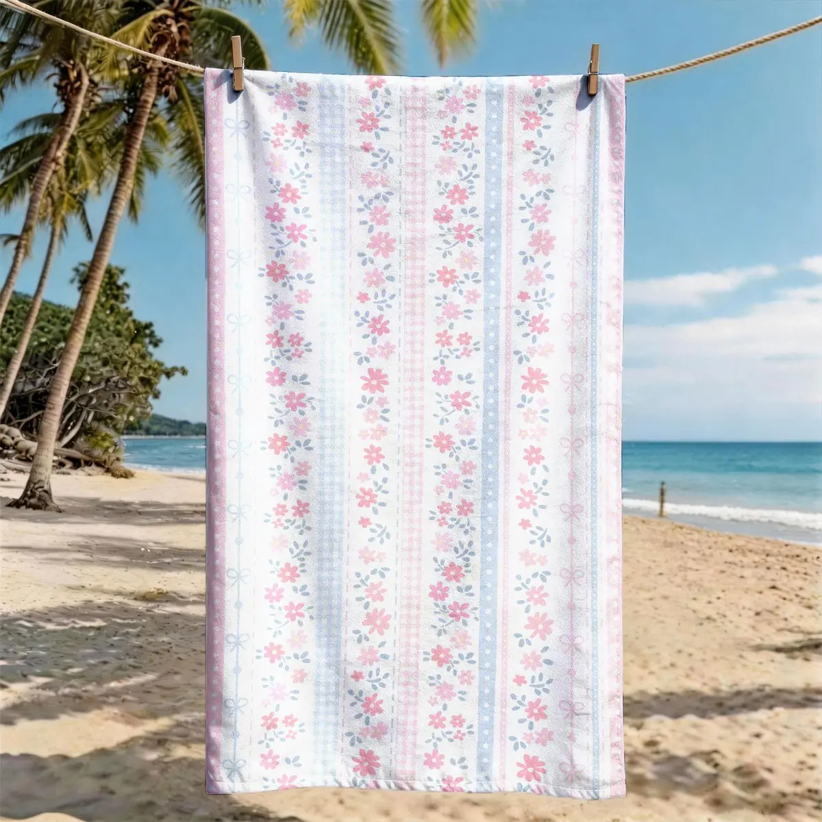 "Pink and Blue Striped Floral Bow" Beach Towel, Swim Towels, Quick Drying Towels, Oversized, Quick Dry, Ultra-Soft Polyester, Multi-use for Travel, Swimming, Machine Washable, 2D Flat, Best Gift for Friends and Family