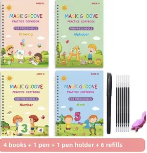 Kids Magic Groove Reusable Handwriting Workbook Set, Montessori Learning Toy for Ages 3-8, 4 PCS Magic Copybook with Pen & Refills, Preschool Kindergarten Tracing Practice, Educational Writing Tool, Fine Motor Skills Learning Activity