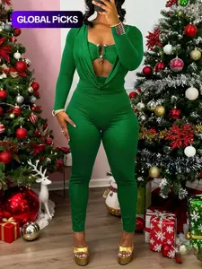 DOUCIU Autumn Street Personality Basic Solid Color Sports Casual Tight Sexy Hot Women'S Thin Long Sleeve Hollow Metal Decoration Body Shaping Jumpsuit Trousers