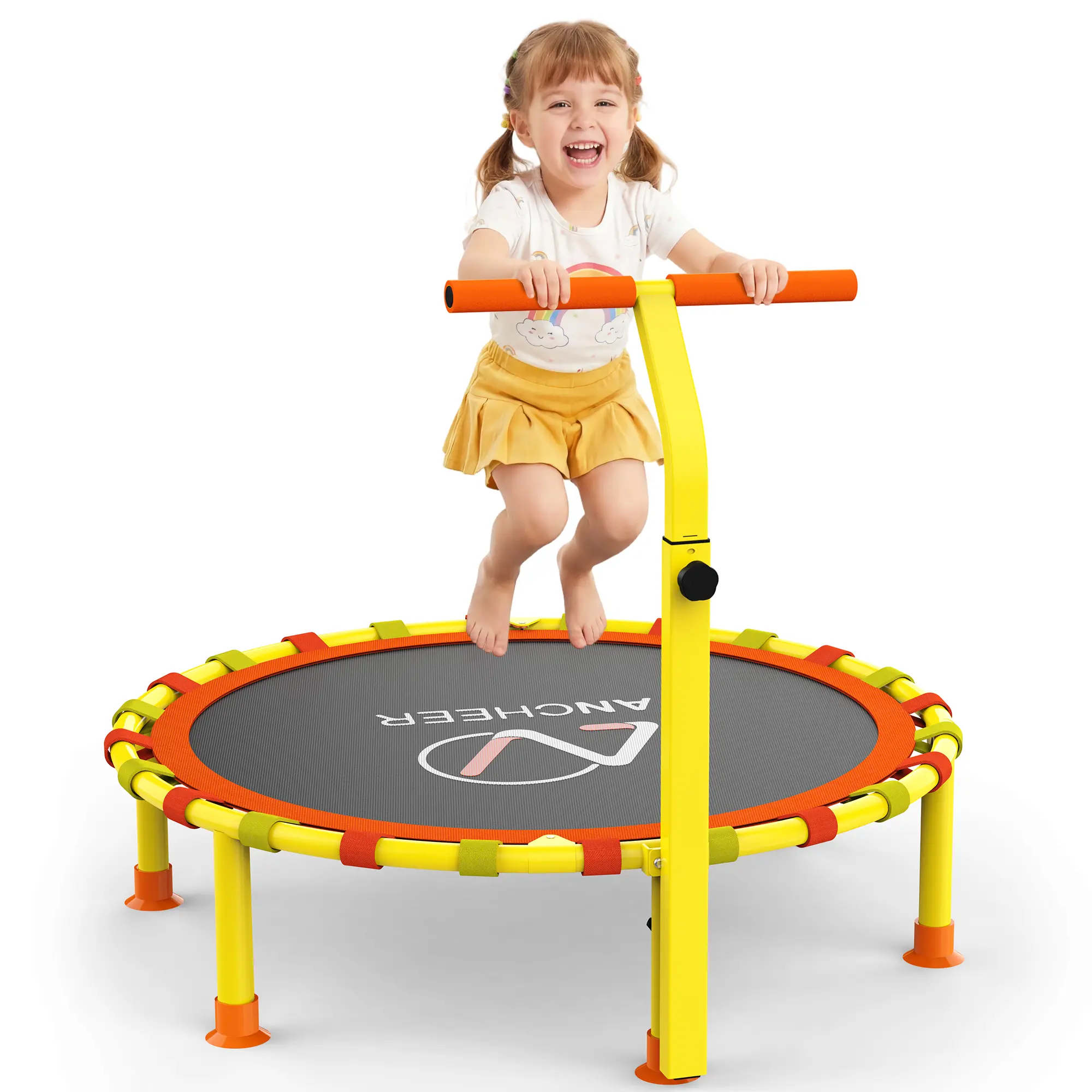 ANCHEER 38" Kids Recreational & Exercise Trampoline, Foldable Steel Frame Trampoline with Adjustable Handle, Indoor Outdoor Safe Rebounder for Toddlers, Recreational Trampolines
